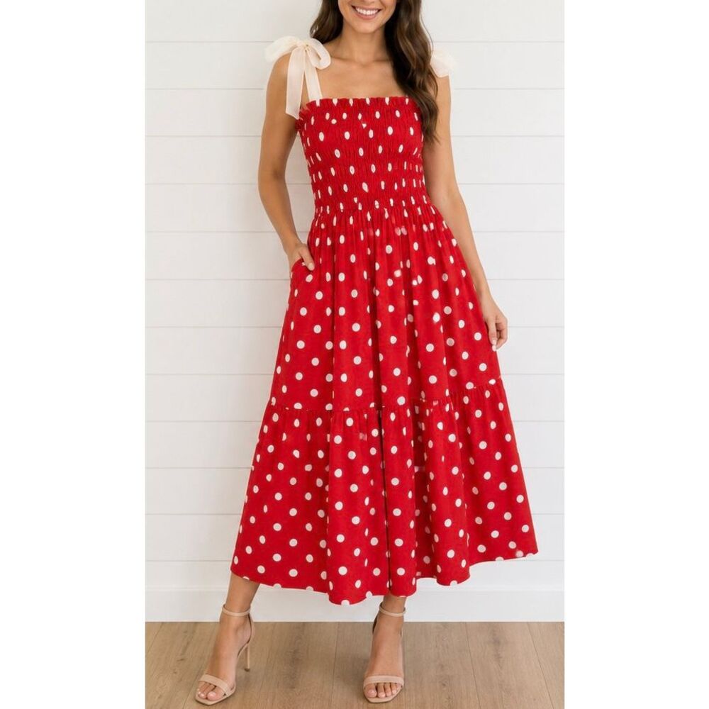 En Saison Red Polka Dot Midi Dress with Cream Tie Straps